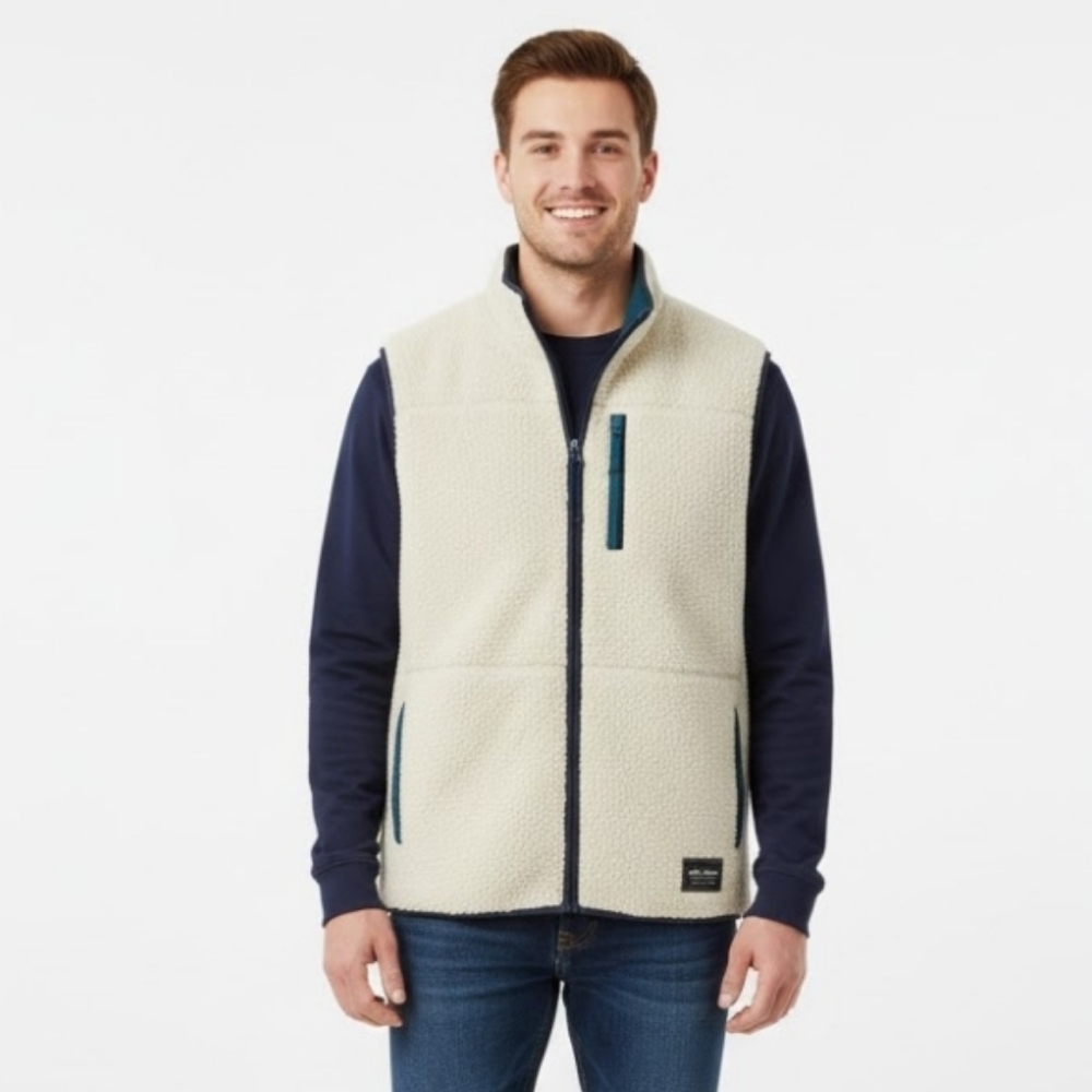 EDDIE BAUER Mens Sherpa Fleece Off White Teal Zip Front Size XL Warm Cozy Layer